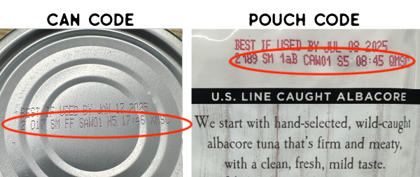 Examples of manufacturing codes on a Blue Harbor Fish Co.® can and pouch